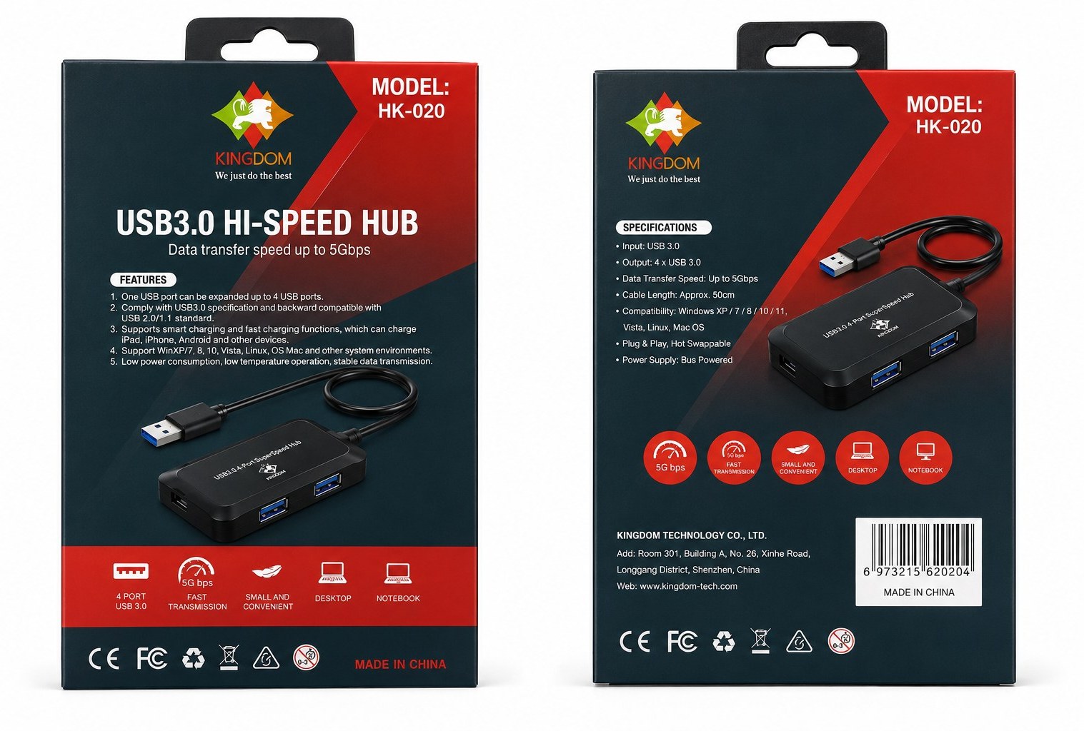 هاب یو اس بی 4 پورت کینگ دام USB 3.0 مدل HK-020 رنگ مشکی