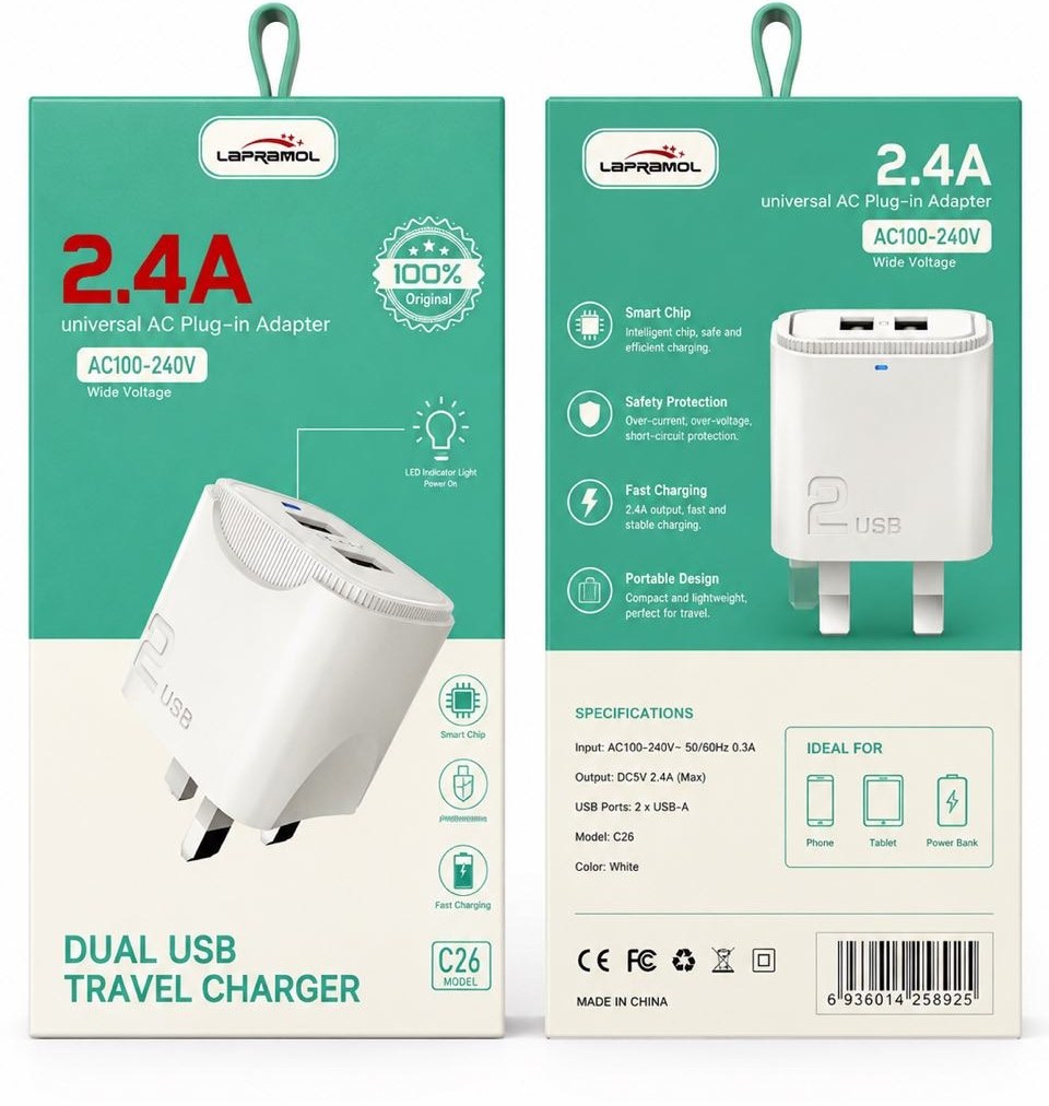 شارژر فست USB لاپرامول مدل LP-C26 همراه با کابل